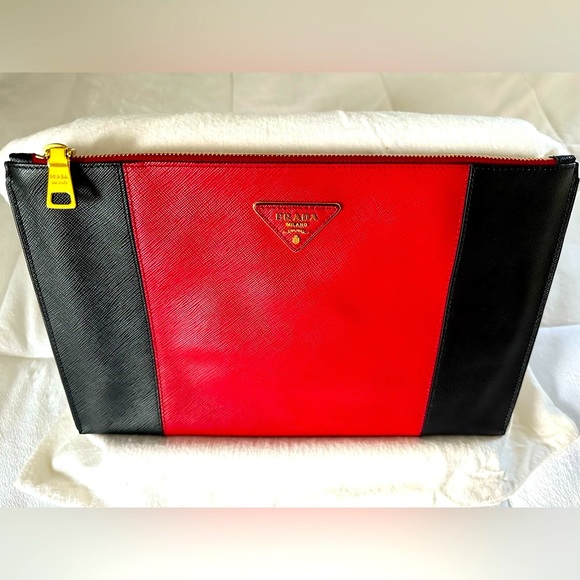 Authentic Prada Saffiano Lux Pochette in Nero + Fuoco - Picture 4 of 13